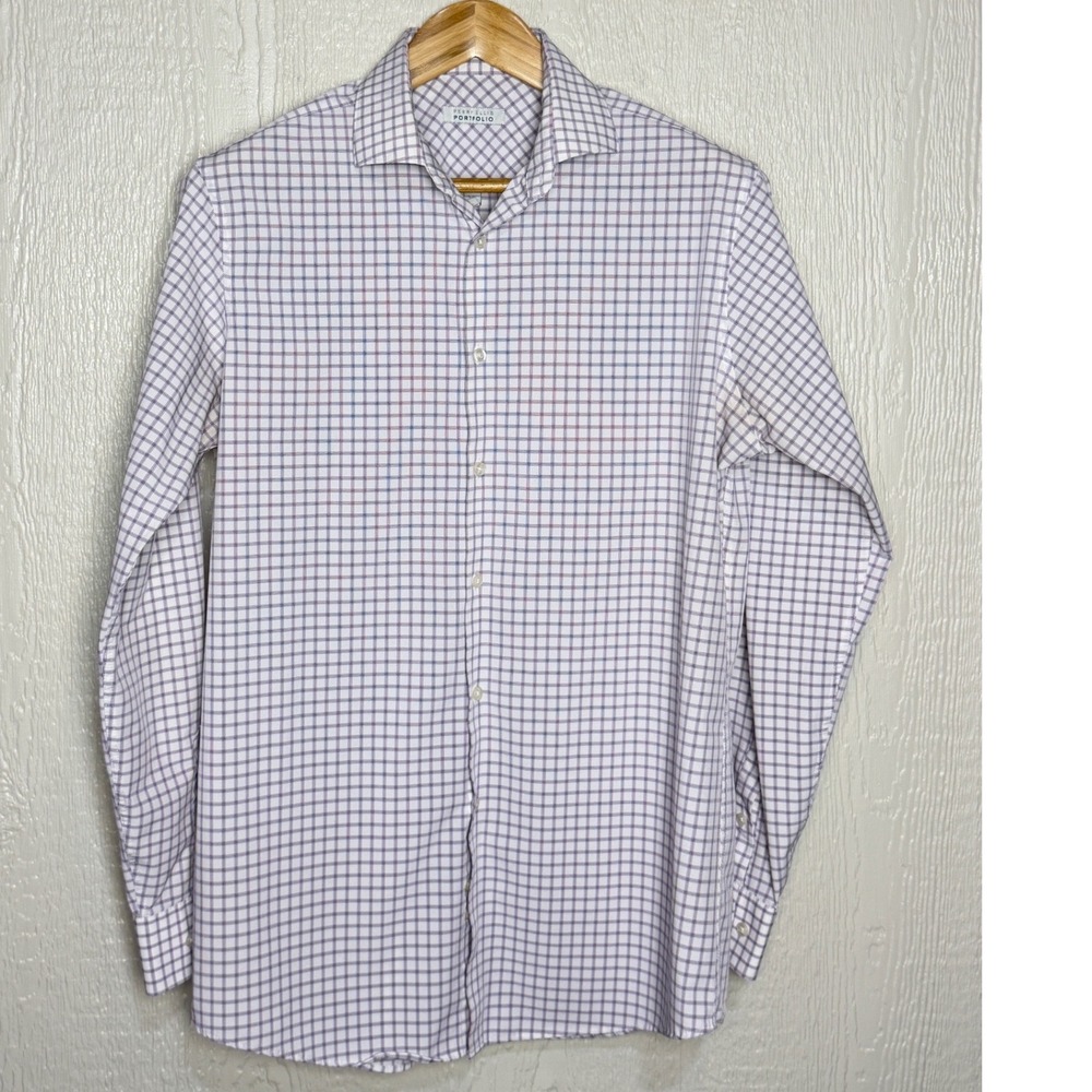Perry Ellis Portfolio Mens 15.5 34/35 Purple White Grid Check Dress Shirt